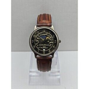LA Express Moon And Stars Quartz Watch Day Night Date Brown Leather New Battery